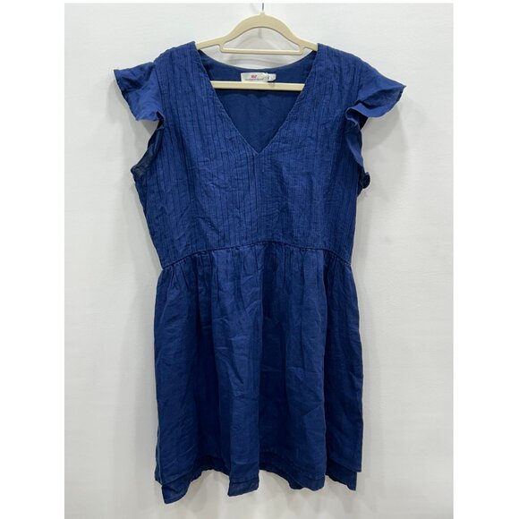 Vineyard Vines Pintuck Deep Bay Blue Linen Ruffle Sleeve V-Neck Mini Dress Large - Picture 2 of 11